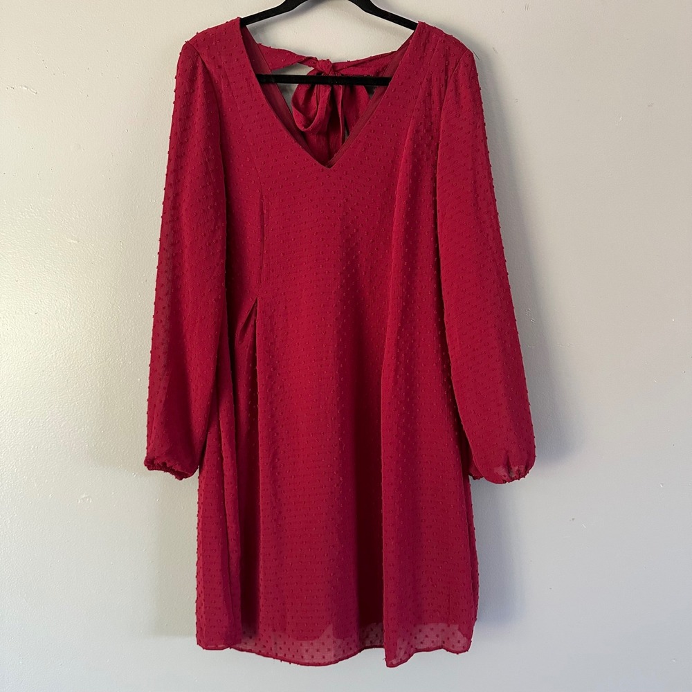 Nine West V-Neck Bubble Sleeve Swiss Dot Burgundy Dress‎ SMALL